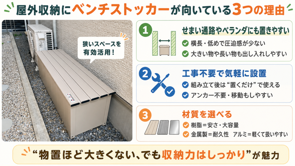 小型収納庫(ベンチストッカー)が屋外収納に向いている3つの理由