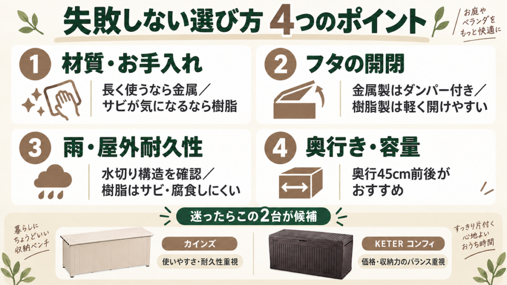 まとめ|ベンチストッカーの失敗しない選び方!迷ったらカインズかKETERコンフィ